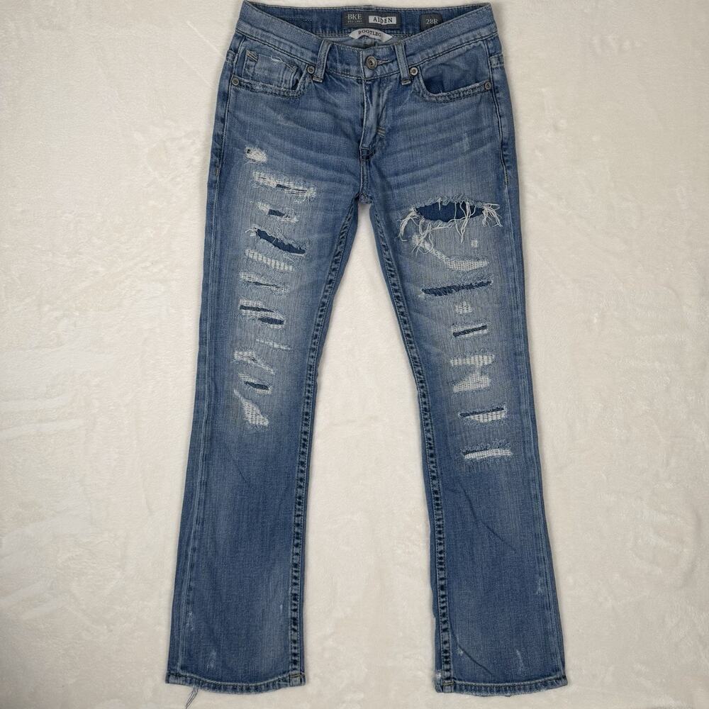 BKE Aiden Bootcut Jeans Womens 28R Distressed Low Rise Stretch Medium Wash Denim